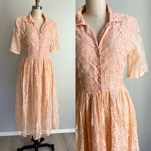 Vintage 90s Passports Pier 1 Pink Lace Midi Dress Medium Cottagecore Dainty